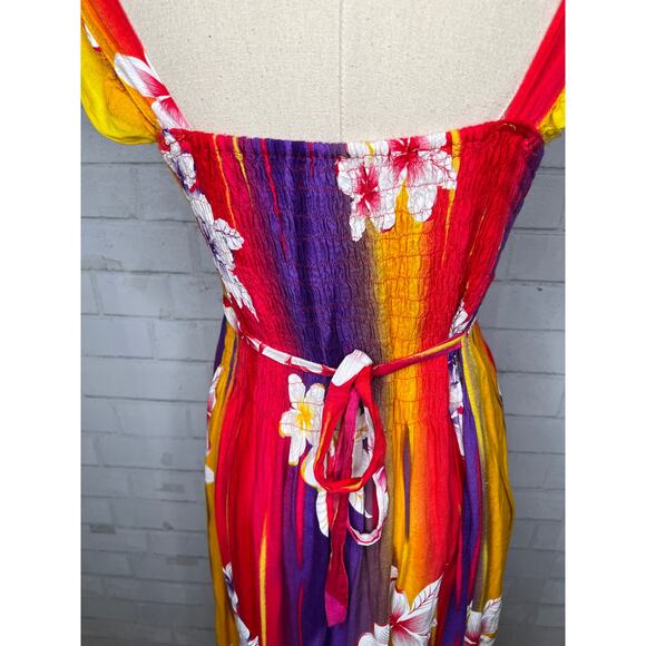 VINTAGE 80s HAWAIIAN Rayon Dress S V-Neck Ruffle Sleeves RAINBOW Red purple 2 4 - Picture 6 of 9